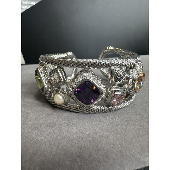 Mosaic Rhodium Plated Cable Crystal Bracelet Bezel Setting Pave Crystal Bangle - Picture 1 of 8